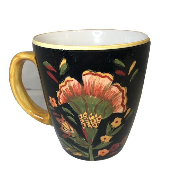222 Fifth Arabian Flower Coffee Mug Cup 14 OZ Black Green Orange Southwest Boho - Picture 1 of 6